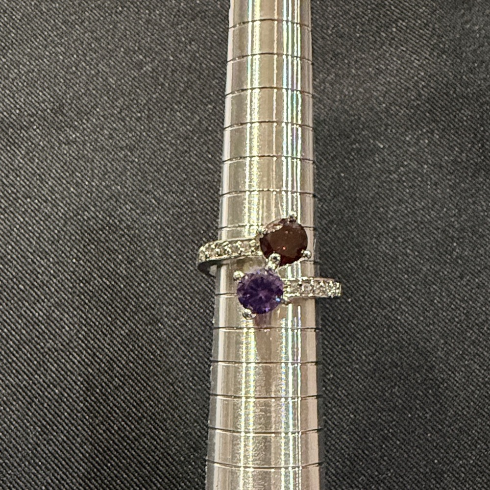 Silver Double Gemstone Ring with Purple and Red Stones, Sz 6.5